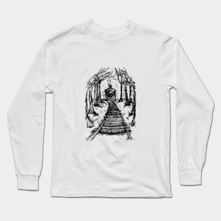 Wooden Railway , Pencil illustration railroad train tracks in woods, Black & White drawing Landscape Nature Surreal Scene Long Sleeve T-Shirt